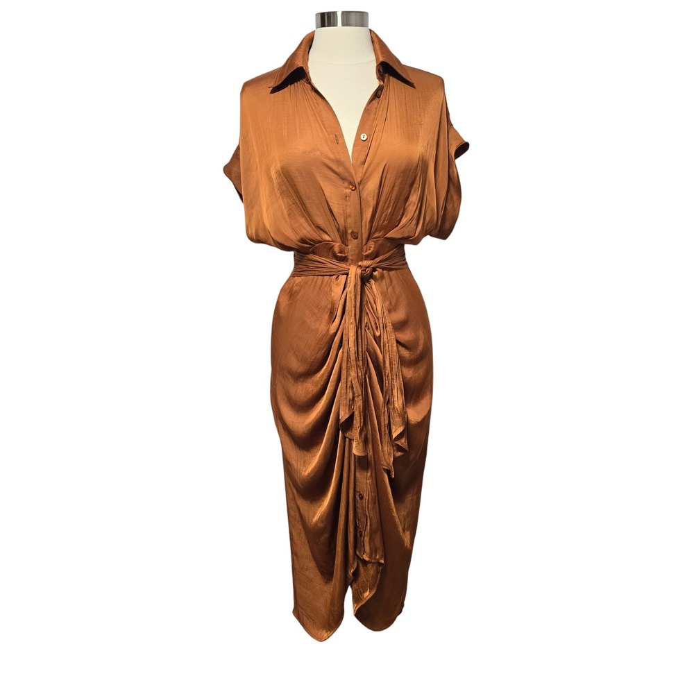Steve Madden Women's Satin Draped Midi Shirt Dress Bronze Button Tie Waist Sz 6 - Picture 1 of 12